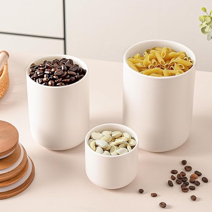 White Ceramic Canister Set with Bamboo Lids, 3-Piece Airtight Food Storage Jars for Kitchen - Flour, Sugar, Coffee, Tea, Spice - Small, Medium, Large Sizes-Ruum Studio Home