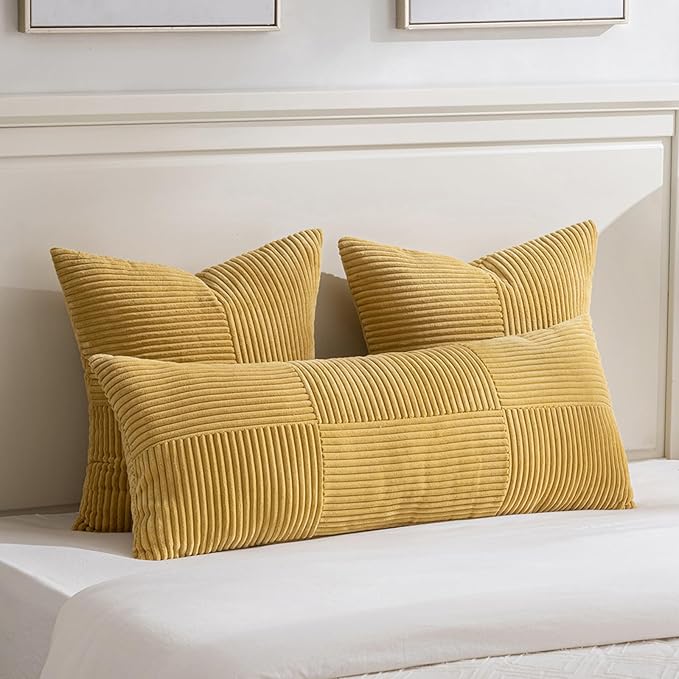 Fancy Homi 2 Packs Mustard Yellow Lumbar Decorative Throw Pillow Covers 16x32 Inch for Living Room Couch Bed, Rustic Farmhouse Boho Home Decor, Soft Striped Corduroy Rectangle Accent Cushion Case-Ruum Studio Home