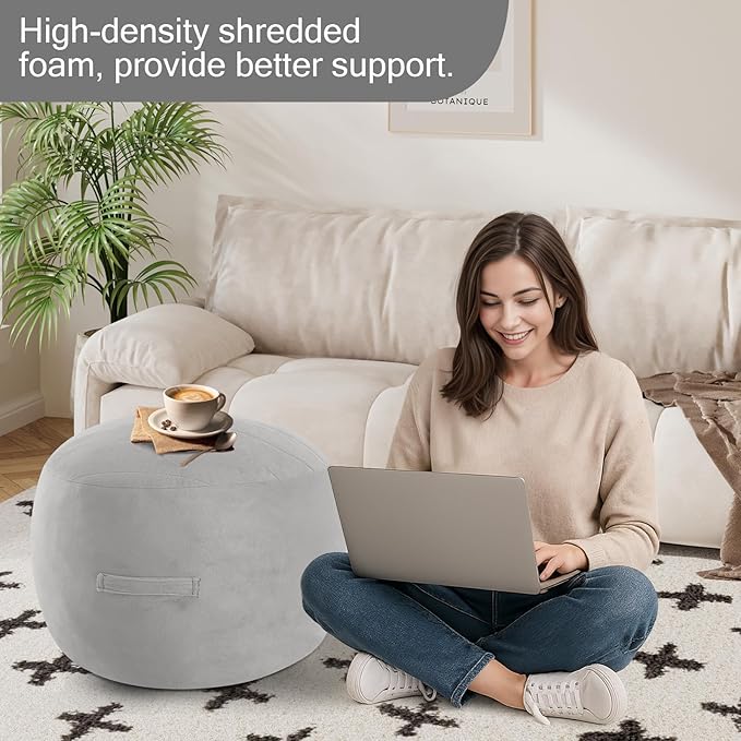 MeMoreCool Round Stuffed Pouf Ottoman Foot Rest, Floor Pouf Foot Stool with Soft Foam Chunk Filling, Small Round Ottoman Footstool Circle Footrest for Living Room, Light Grey-Ruum Studio Home