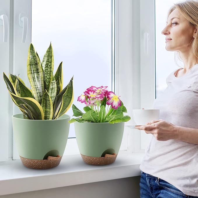 Plant Pots 10/9/8 Inch Self Watering Pots, Set of 3 Plastic Planters with Drainage Holes and Saucers,Plastic Flower Pots,Nursery Planting Pot for Indoor Out Door Plants（Green）-Ruum Studio Home