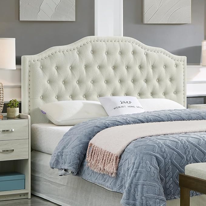 24KF Upholstered Button Tufted Queen Headboard with Nailhead Trim, Elegant Boucle Fabric Full headboard, 6031-Q-Boucle-Beige-Ruum Studio Home