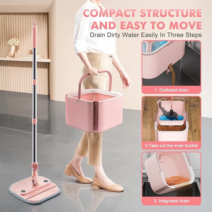 Upgraded Spin Mop and Bucket Set Self-Standing Mop Bucket Separate Dirty and Clean Water System Self Wringing 360° Rotating 90° Foldabl Mops and Buckets for Floor Cleaning (Pink, 6Pads)-Ruum Studio Home