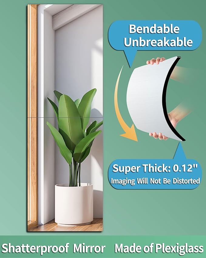 Shatterproof Wall Mirror Full Length for Bedroom, Acrylic Gym Mirrors For Home, Extra Thick: 0.12 inch, 14 x 24 inch x 2 Pcs, Workout Mirrors Safe for Kids, Over The Door, Long Wall Mounted-Ruum Studio Home