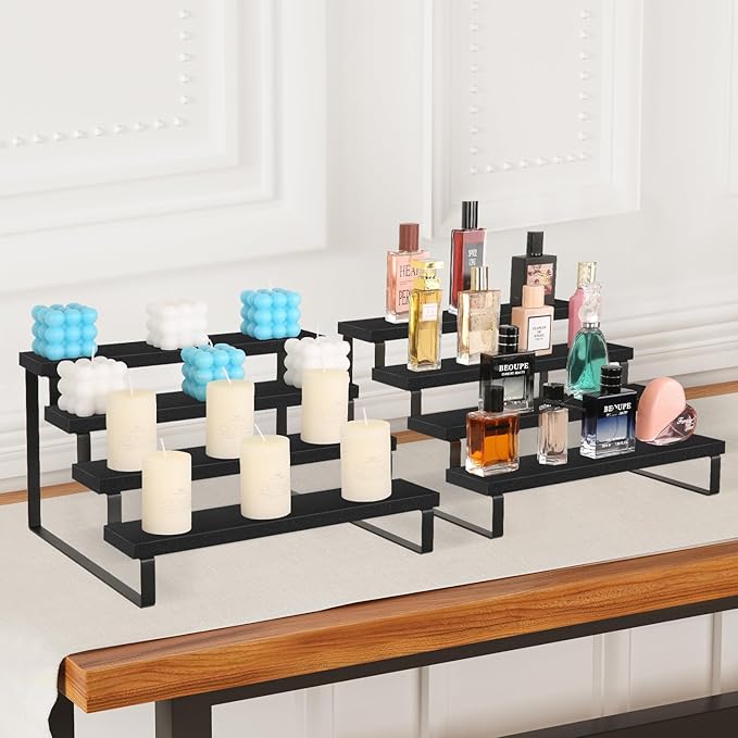 YINMIT Wooden Display Riser Stand, Tiered Perfume and Cologne Organizer Stand, 4 Tier Spice Rack Organizer, Rustic Display Shelf for Candles (4 Tier,2Pack,Black)-Ruum Studio Home
