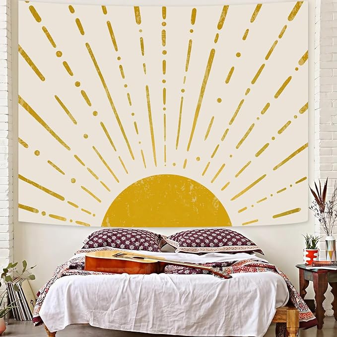 Kanuyee Gold Boho Burning Sun Tapestry Wall Hanging, Retro 70s Abstract Vintage Geometric Line Sunrise Tapestries for Bedroom Living Room Backdrop 36×48 inch-Ruum Studio Home