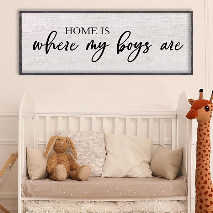 Home Is Where My Boys Are Wall Decor 40"×15" mom and her boys Sign for boys room Playroom Large Wood Framed Wall Hanging Art (Black)-Ruum Studio Home