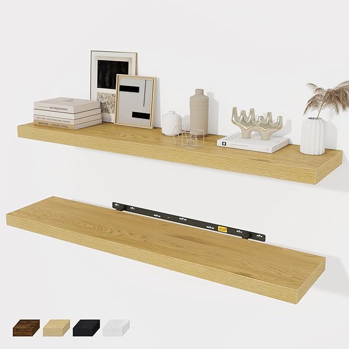 Floating Shelves Wall Shelf 40 Inch, 8 Inch Deep Floating Shelf for Wall, Farmhouse Black Wood Shelves Invisible Bracket for Living Room, Bedroom, Kitchen, 40 x 8 x 1.4 Inch, Set of 2, Oak Color-Ruum Studio Home