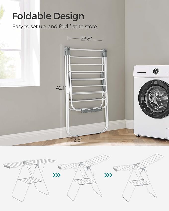 SONGMICS Clothes Drying Rack, with Sock Clips, Metal Laundry Rack, Foldable, Space-Saving, Free-Standing Airer, with 2 Height-Adjustable Gullwings, Indoor Outdoor Use, White and Gray ULLR052W02-Ruum Studio Home