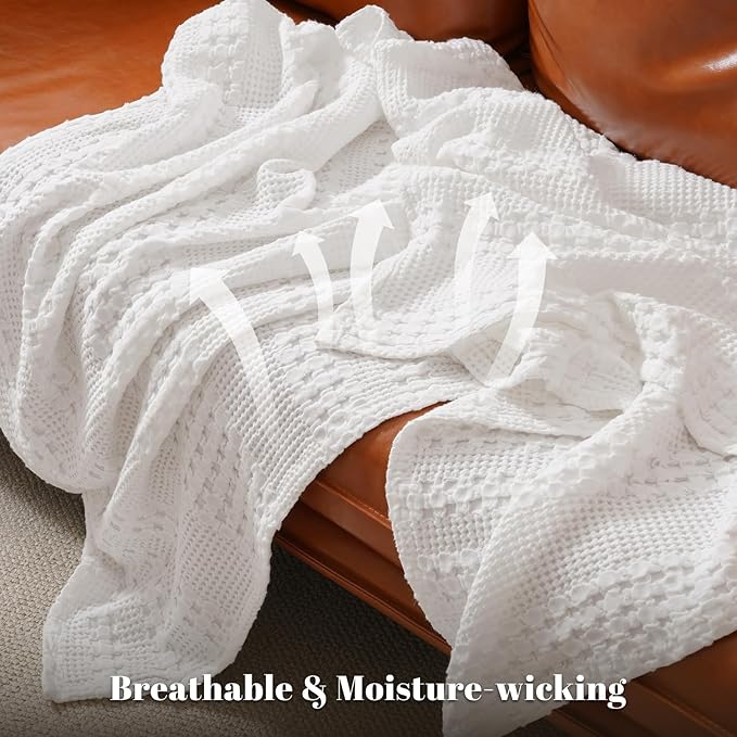 PHF 100% Cotton Waffle Weave Blanket Twin Size, Soft Lightweight Breathable Cozy Summer Blankets for Bed, Luxury Aesthetic Woven Bedding for Home Decor, 66"x90", White-Ruum Studio Home