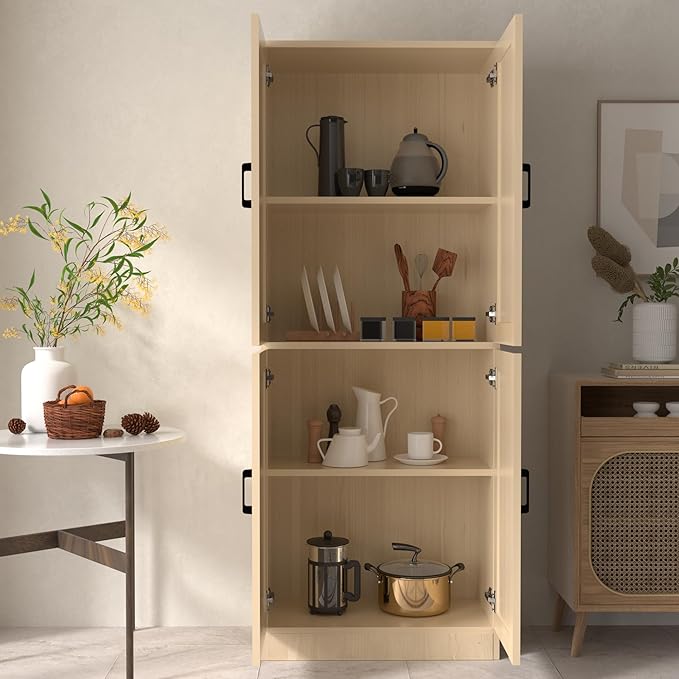 Oak Rattan Kitchen Pantry, 71" Tall Storage Cabinet with Doors, Boho Hutch for Dining Room-Ruum Studio Home
