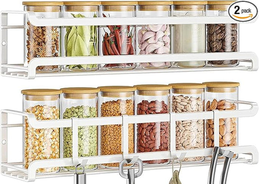 Spice Rack wall mounted 2 Pack, Space-Saving Spice Organizer for Spice Jars and Seasonings,Screw or Adhesive Hanging Spice Rack Organizer for Your Kitchen Cabinet,or Pantry Door,White-Ruum Studio Home
