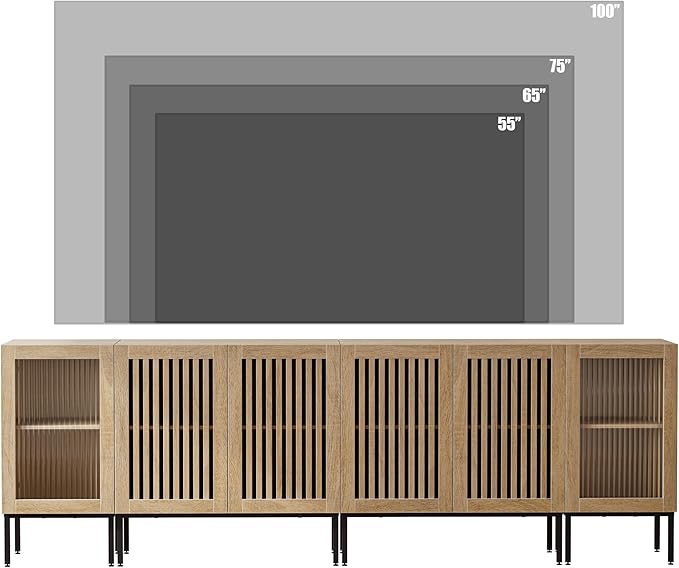 Farmhouse TV Stand for TVs up to 100 Inch, Entertainment Center TV Console with Storage Cabinets and Glass Doors,Media Console for Living Room,Oak-Ruum Studio Home