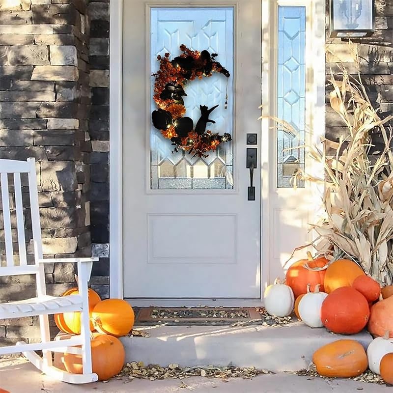 Halloween Wreaths for Front Door with Light, Black Cat Crescent Moon Wreath, Cute Cat Garland Halloween Door Decorations for Outdoor Indoor Decor Wall Window Home Party-Ruum Studio Home