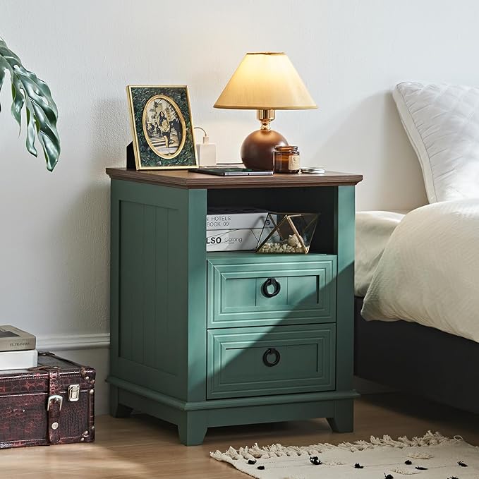 18" Farmhouse Night Stand with Charging Station, 2 Drawers Bedside End Table, Green Wooden Nightstand, Bed Side Table Cabinet with Open Shelf for Bedroom Living Room Office-Ruum Studio Home