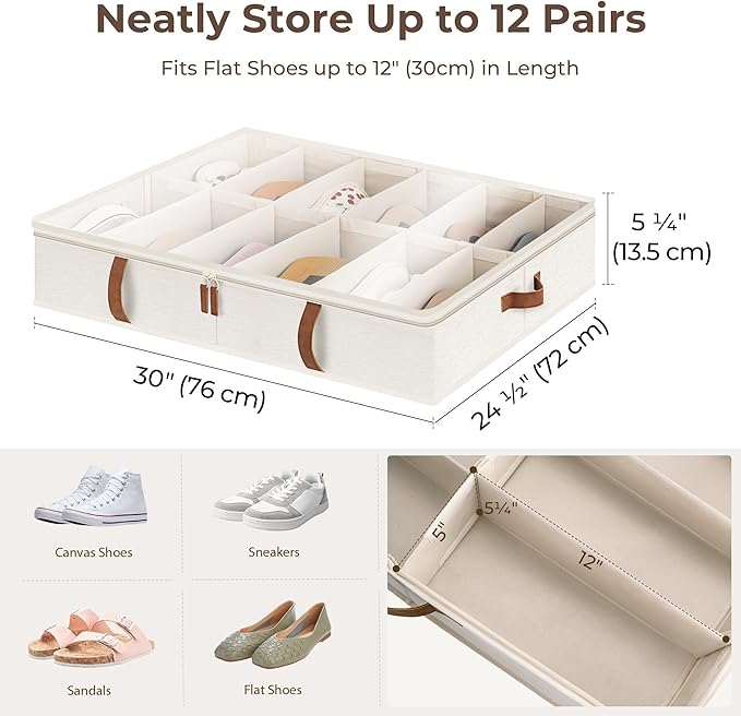 StorageWorks Shoe Organizer Under Bed for Closet, 2-Pack Ultra-thick Fabric Shoe Storage Containers with Bottom Support and Adjustable Dividers, Fits up to 24 Pairs, Beige-Ruum Studio Home