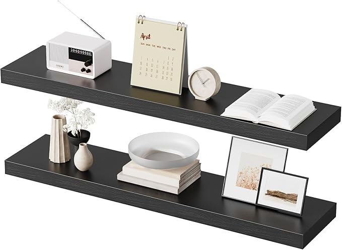 HOOBRO Floating Shelves for Wall, Wall Mounted Shelf Set of 2, 39.4" Hanging Shelf with Invisible Brackets, for Wall in Bathroom, Bedroom, Toilet, Kitchen, Livingroom, Office, Black BK100BJP201-Ruum Studio Home