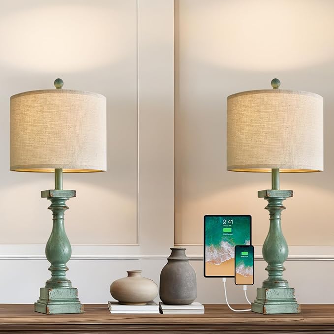 BOBOMOMO 27" Farmhouse Table Lamp Set of 2 with USB A+C for Bedroom Living Room Vintage Rustic Traditional Nightstand Bedside Lamps Retro Side Table Lamps (Green)-Ruum Studio Home