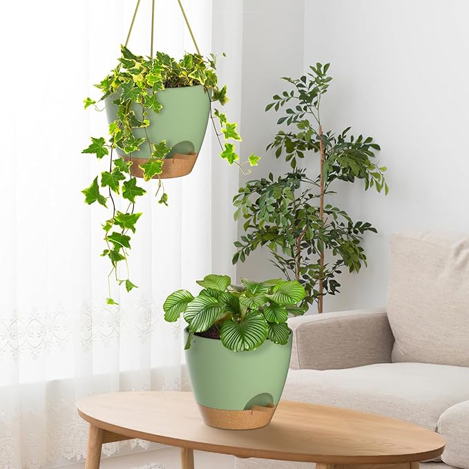 ZMTECH 10 Inch Hanging Planters for Indoor Outdoor Plants, 2 Pack Self Watering Hanging Plant Pots with Drainage Holes and Removable Saucer, Plastic Flower Hanging Pots with Watering Lip (Green)-Ruum Studio Home