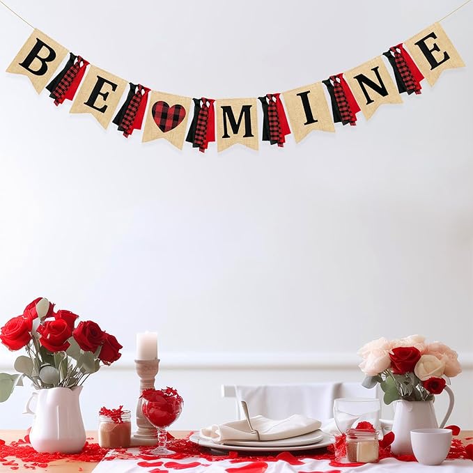Valentine’s Day Party Decorations Be Mine Felt Sign Burlap Pennant Banner Flag Heart with Black Red Buffalo Plaid Fabric Ribbon for Valentine’s Day Wedding Birthday Party Supplies-Ruum Studio Home