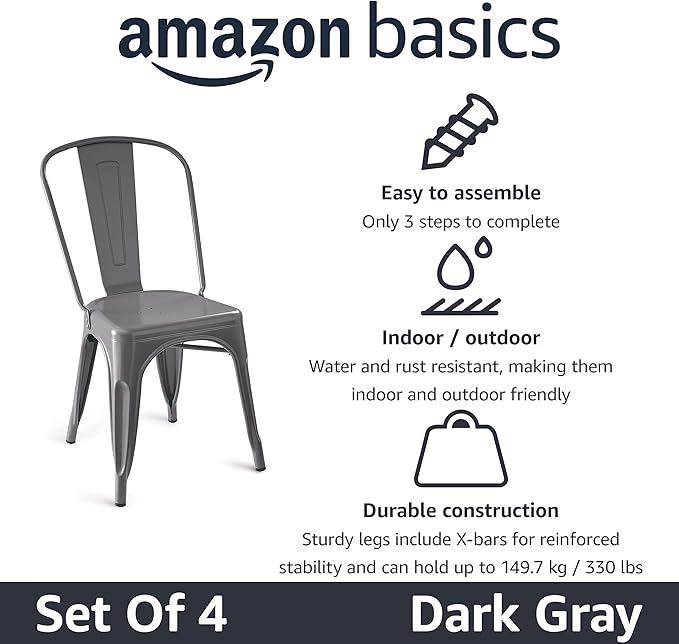 Amazon Basics Metal Dining Chairs, 4 Count, Dark Grey, 20.1 x 17.1 x 33.5 inches-Ruum Studio Home