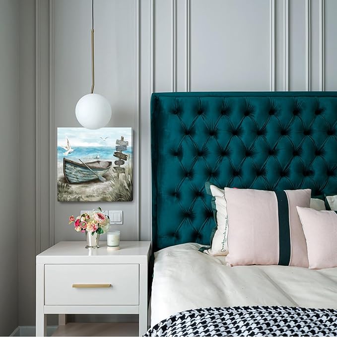 Bathroom Wall Art Coastal Décor Nautical Boat on Beach Canvas Picture Ocean Seagull Seascape Canvas Print Sea Bird Farmhouse Artwork for Seashore Bedroom Living Room Small Square Blue Teal 14x14"-Ruum Studio Home