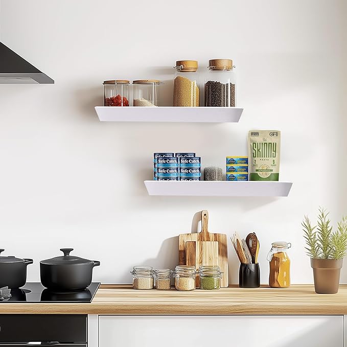 16"x6.8"x1.6" Slanted Floating Wall Shelves 2-Pack - Rustic White Finish, Heavy-Duty Solid Wood Design with Hidden Brackets - Perfect for Living Room, Kitchen, Bathroom, or Office-Ruum Studio Home