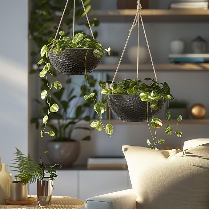 LA JOLIE MUSE Hanging Planters for Indoor Plants, Medium Hanging Planters with Drain Holes, Outdoor Hanging Flower Pots, Matte Black, Honeycomb (10 Inch, Set of 2)-Ruum Studio Home