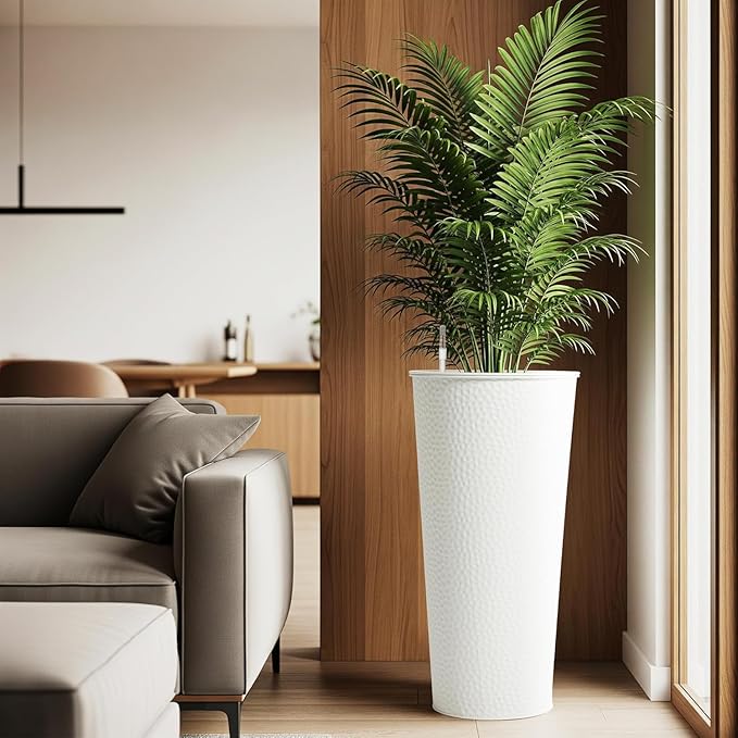 Worth Garden 2-Pack 28" H. Metal Planter with 2X Inside Pots - Hand-Hammered Texture Tall Cone Plant Pots - Large Handcrafted Flower Pot for Indoor Outdoor, Deck, Patio, Front Porch - White-Ruum Studio Home