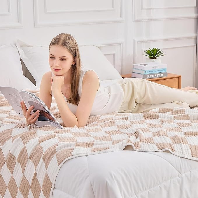 EMME Checkered Cotton Blanket Twin Large 60"x80" 100% Muslin for Couch Breathable Cooling Gauze All Season Soft and Lightweight Pre-Washed (Light Tan)-Ruum Studio Home