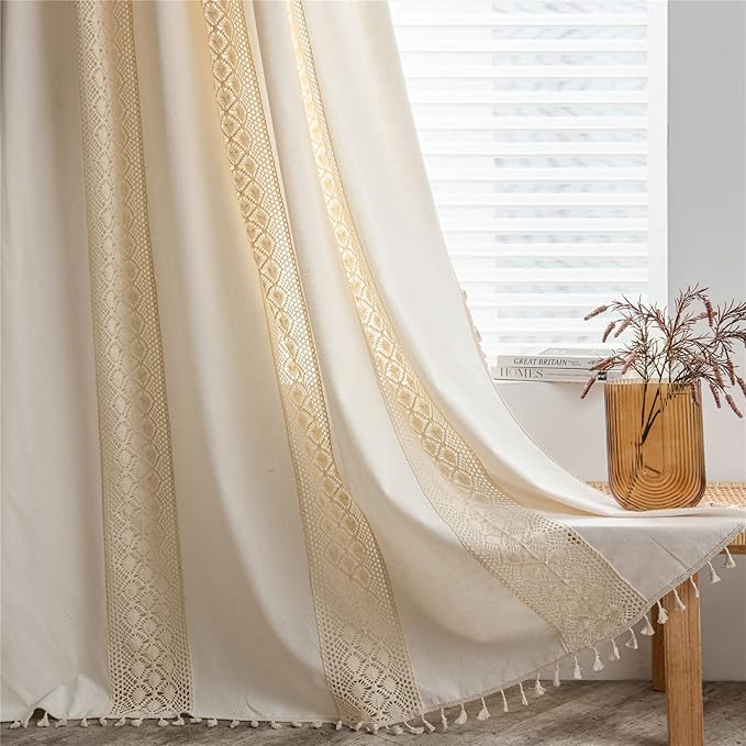 Sutuo Home Boho Curtain Crochet Dots Patchwork Semi-Blackout Bohemian Handmade Tassels, Rod Pocket Window Treatment Vintage Rustic Farmhouse Drapes for Living Bedroom, 1 Panel 59" W x 84" L, Beige-Ruum Studio Home