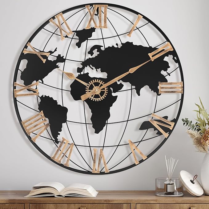 24 Inch Large Wall Clock for Living Room Decor,Big Modern Decorative Silent World Map Metal Wall Clock with Vintage Gold Roman Numeral for Office,Living Room,Kitchen,Dining Room-Ruum Studio Home