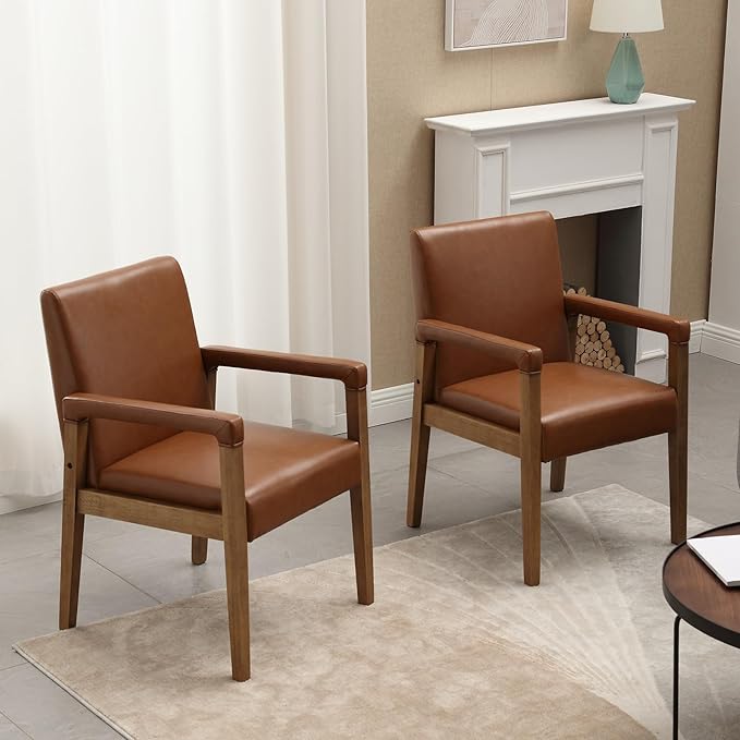 Kmax Modern Dining Chairs Set of 4 Faux Leather Kitchen Arm Chairs Upholstered Accent Chairs with Wooden Legs for Dining Room, Living Room, Bedroom, Brown-Ruum Studio Home