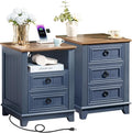 18" Farmhouse Night Stands Set of 2 with Charging Station, 2 & 3 Drawers End Table Dresser for Bedroom, Blue Wooden Nightstand, Bed Side Table with Open Shelf, Bedside Cabinet for Living Room-Ruum Studio Home