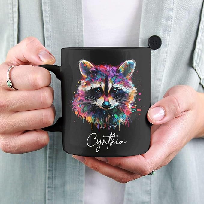 Colorful Raccoon Black Mug, Custom Choose Name Raccoon Coffee Cup, Gift For Men Women, Personalized Animal Lover Ceramic Mug, Customized Animal Design Cup 11oz 15oz-Ruum Studio Home
