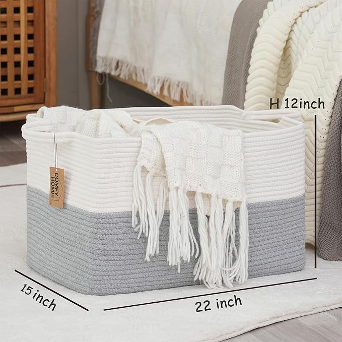 COMFY-HOMI Large Rectangle Laundry Storage Basket | Cotton Rope Woven, Organizing with Handle | Dirty Cloth & Baby Shower Basket | 22x15x12' - White/Grey-Ruum Studio Home