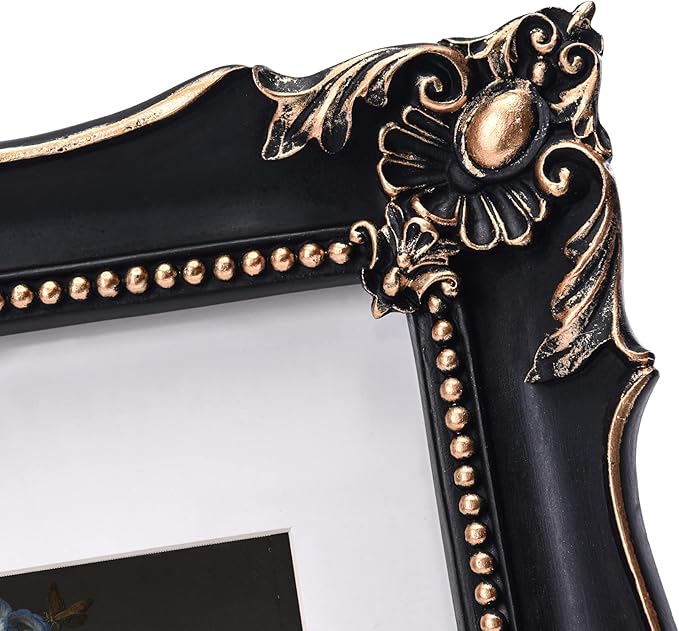 11x14 Vintage Picture Frame with Embossed Flower Design, Black Ornate Frame for 11x14 or 8x10 Pictures with White Mat, Home Decor (Black, 8x10)-Ruum Studio Home