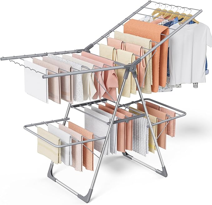 Clothes Drying Rack - Foldable Laundry Drying Rack for Clothing & Bedding, Easy-to-Assemble, Space-Saving Metal Airer with Non-Slip Feet, Indoor & Outdoor Use, 55.5"×22.8"×36.6", Gray-Ruum Studio Home