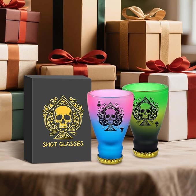 Spades Skull Pattern Glass Shot Glasses, Unique Wine Bottle Shot Glass, 43ml Shot Cups Set of 2 with Gift Box for Alcohol Shots, Vodka, Expresso, Tequila & Dessertsor, Gothic Christmas Gift-Ruum Studio Home