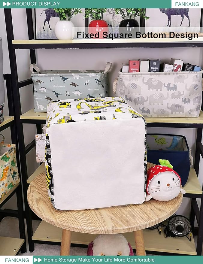 FANKANG Square Nursery Hamper Storage Bins Canvas Laundry Basket Foldable with Waterproof PE Coating Storage Baskets Gift Baskets for Children, Office, Bedroom, Clothes（Square-Engineering ）-Ruum Studio Home