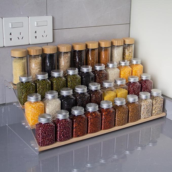 nianfeng Tiered Spice Rack, 4-Tier Spice Pantry Kitchen Cabinet Organizer, 19.9-Inch, Natural Wood Acrylic Stair Riser Stand, Countertop Seasoning Shelf-Ruum Studio Home