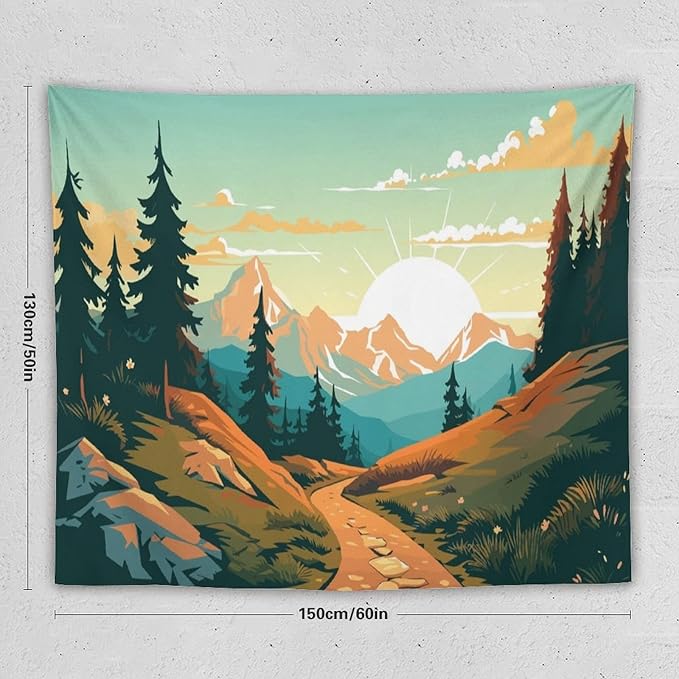 HZOHNAGO Mountain Tapestry Forest Mountain Sunrise Road Pattern Printed Wall Tapestry Wall Hanging for Bedroom Living Room Dorm 60" W x 50" H-Ruum Studio Home