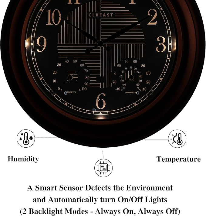 CLXEAST 24 Inch Illuminated in/Outdoor Lighted Atomic Analog Wall Clock with Thermometer & Hygrometer, Oversized Large Waterproof Wall Clocks for Living Room Decor,Bronze Finish-Ruum Studio Home