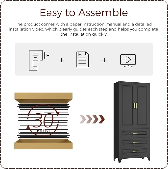 75" Kitchen Pantry Cabinet, Metal Storage Cabinets with Doors and Adjustable Shelves, Black Tall Pantry Cabinet with 3 Drawers for Dinning Living Room-Ruum Studio Home