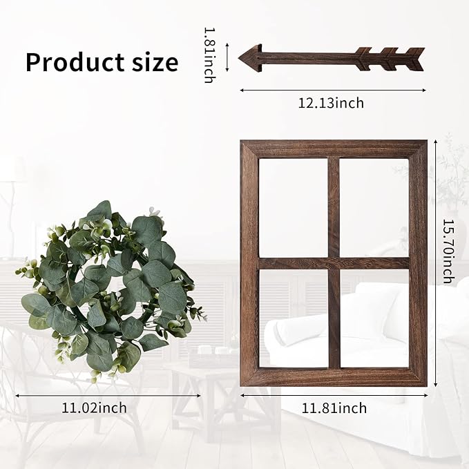 Rustic Wood Window Frame with Green Wreath and Arrows Wall Decor，Farmhouse Window Frame Hanging Decor,Wooden Fake Decoration,Window Pane Wall Decor,Set of 2 (Brown)-Ruum Studio Home