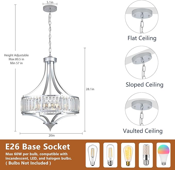 Modern Chrome Crystal Chandelier, 20 Inch Large Ceiling Pendant Light Fixture with 50'' Adjustable Hanging Chain, 5-Light Farmhouse Chandelier for Dining Room, Living Room, Bedroom, Entryway-Ruum Studio Home