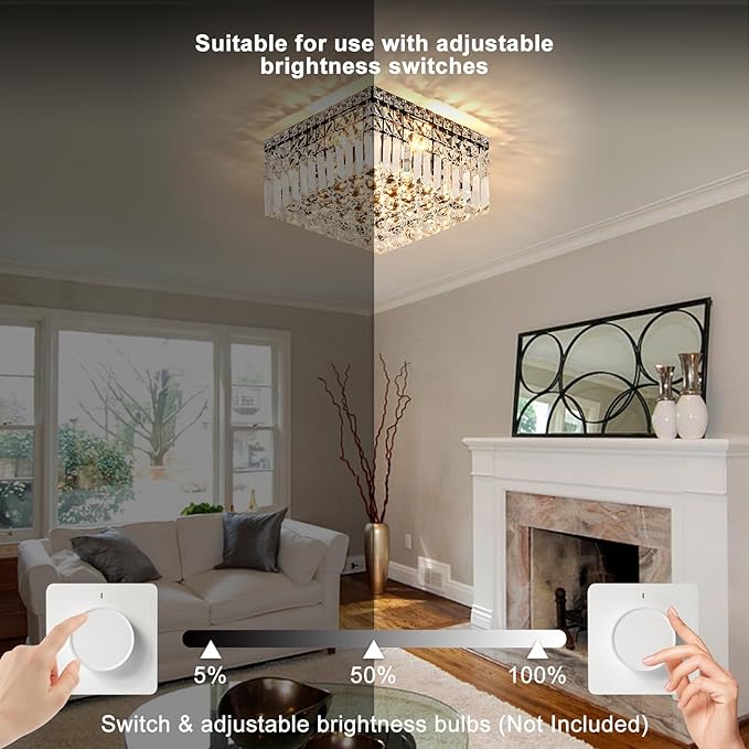4-Light Black Crystal Chandeliers Flush Mount Chandelier Light Fixture with K9 Crystals Modern Ceiling Lights Elegant Square Lamp for Bedroom,Hallway,Bar,Living Room,Dining Room,H5.9 xW13.7-Ruum Studio Home