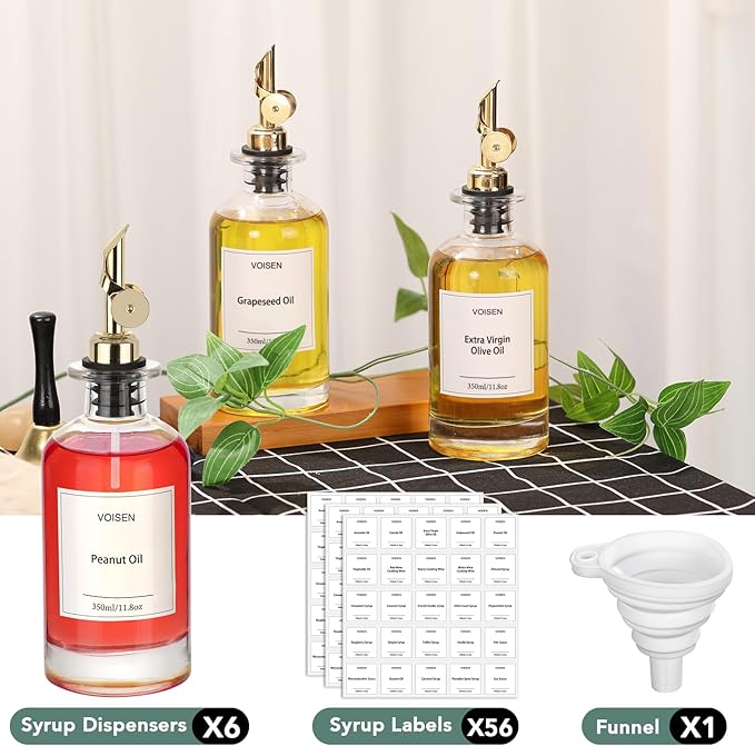 VOISEN Olive Oil Dispenser Bottle for Kitchen, Glass Oil Bottle Set of 6, Coffee Syrup Dispenser,Glass Oil Container with Metal Pourer,Funnel,56 Waterproof Labels-Ruum Studio Home
