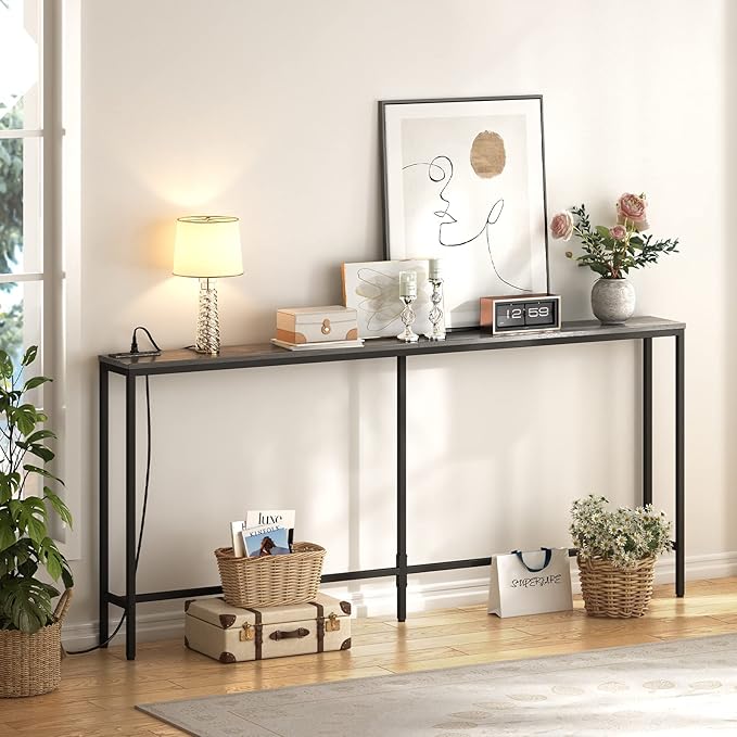 SUPERJARE 70 Inch Console Table with Outlet, Sofa Table with Charging Station, Narrow Entryway Hallway Table, Behind Couch Table, for Living Room, Charcoal Gray-Ruum Studio Home