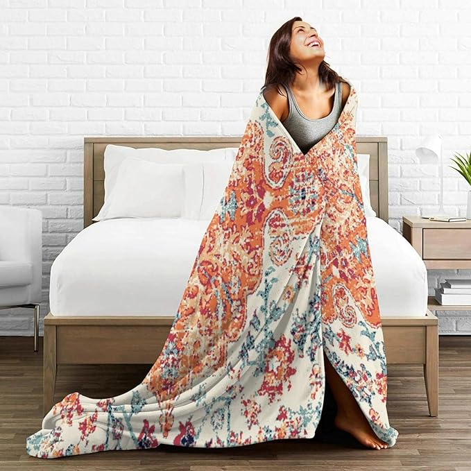 HGOD DESIGNS Carpet Pattern Throw Blanket Boho Style Ethnic Design Orange Blue Soft Blankets and Throws 50x60 Inch Caring for Women Men (130x150cm)-Ruum Studio Home