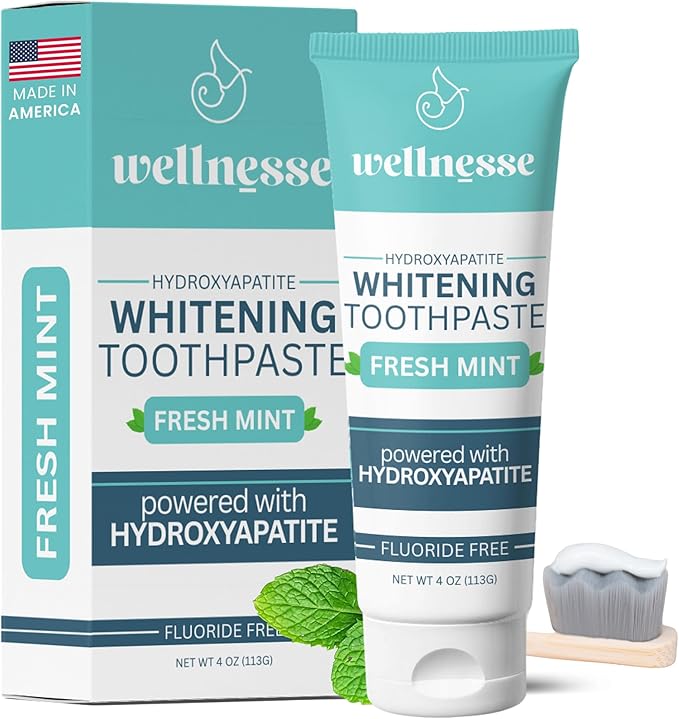 Wellnesse Whitening Hydroxyapatite Toothpaste with Xylitol, Natural Fluoride-Free Teeth Whitening Toothpaste for Adults, Strengthens Enamel, Supports Gum Health, Fresh Mint Flavor, 4 oz (Pack of 1)-Ruum Studio Home